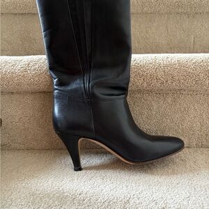 Classic Black Leather Mid-Heel Knee Boot